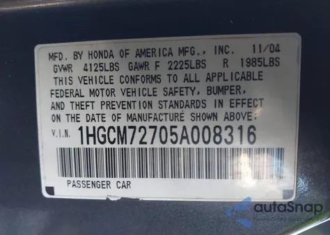 2005 Honda Accord 2.4 Ex from USA, damaged, VIN 1HGCM72705A008316